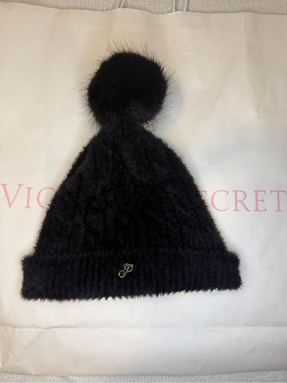Victoria’s Secret PINK Black Fuzzy Pom Pom Beanie NWT One Size